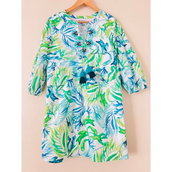 Tommy Bahama Sea Fronds Split-Neck Mini Dress Summer A-Line Small Tropical Palm - Picture 5 of 8